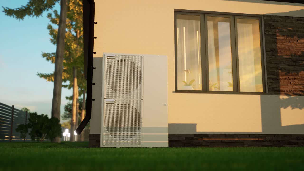 técnico de hvac instala sistemas de calefacción, ventilación y aire acondicionado. animación en 3d de la bomba de calor