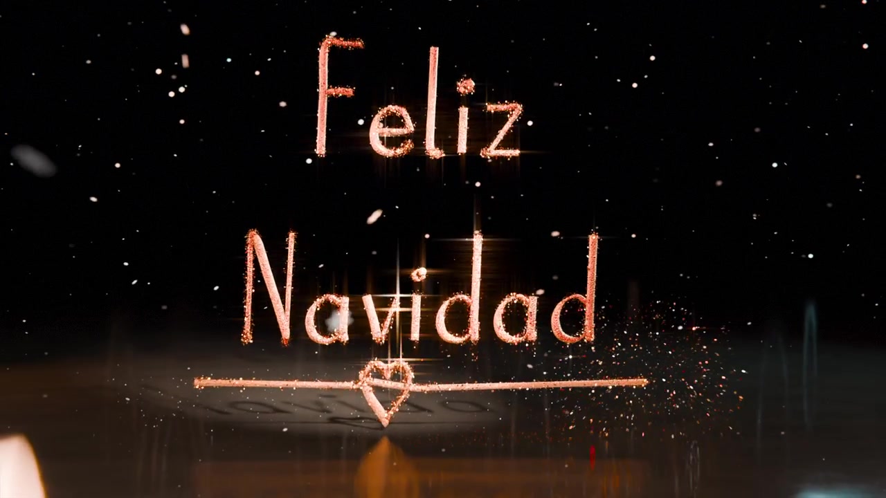 Rastro de brasa brillante entrando por la derecha, dibujando un mensaje de Feliz Navidad en el suelo de espejo y terminando en un corazón