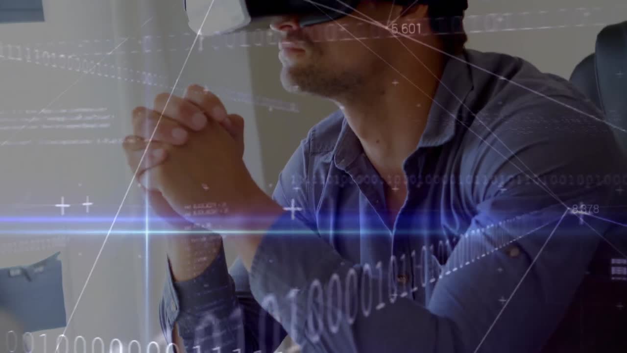 vr 헤드 ⁇ 을 사용하여 코카시안 남자에 대한 데이터 처리 애니메이션