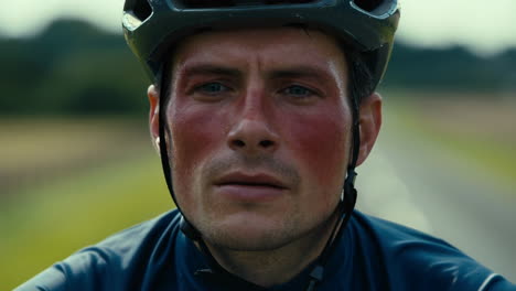 close-up of a male cyclist with a flushed face from exertion