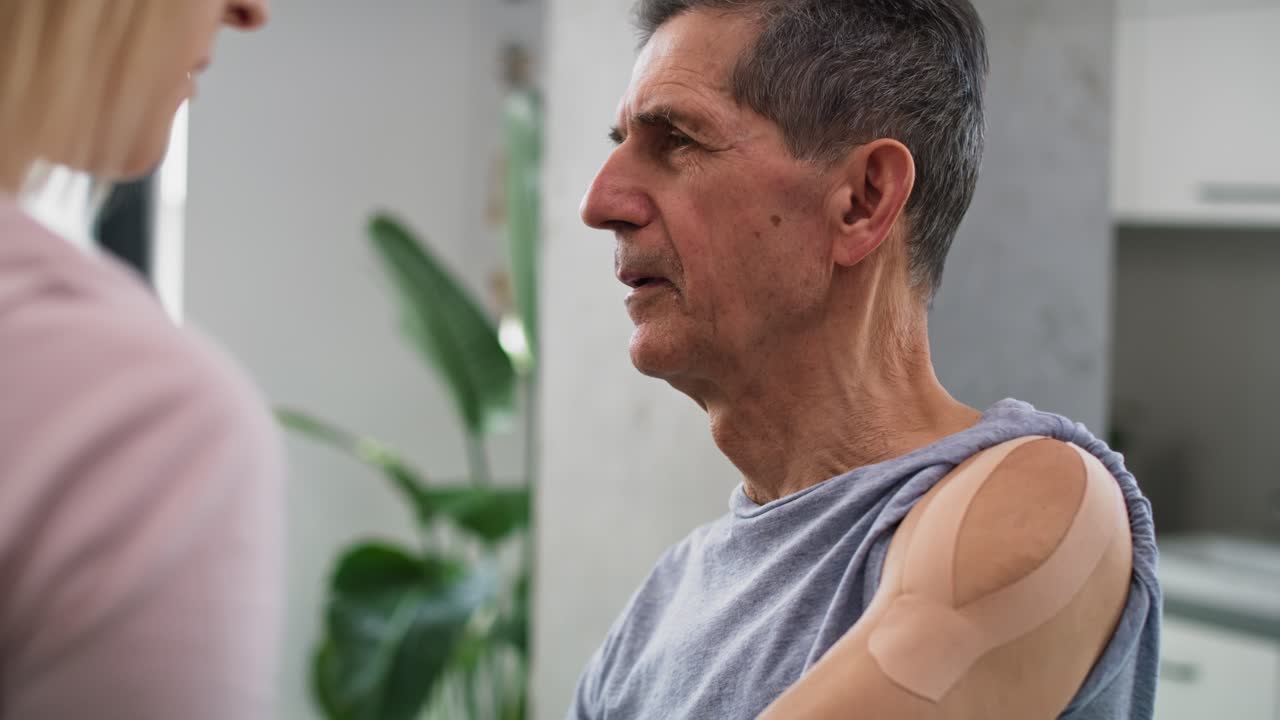 Physical therapist applying kinesio tape on senior patient's arm and stretching.