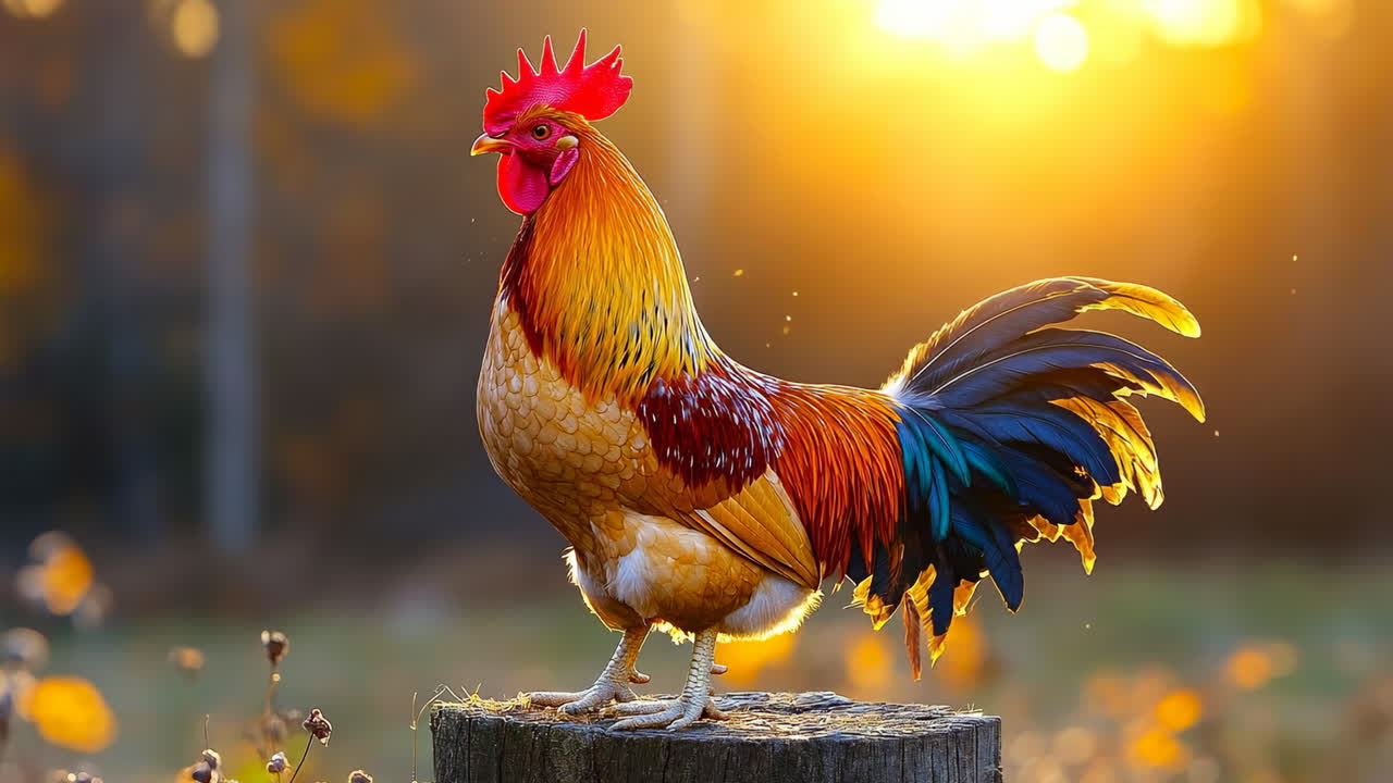 Rooster at sunrise outdoors. Colorful rooster stands on a wooden surface in the countryside at sunrise. Warm golden light illuminates its feathers