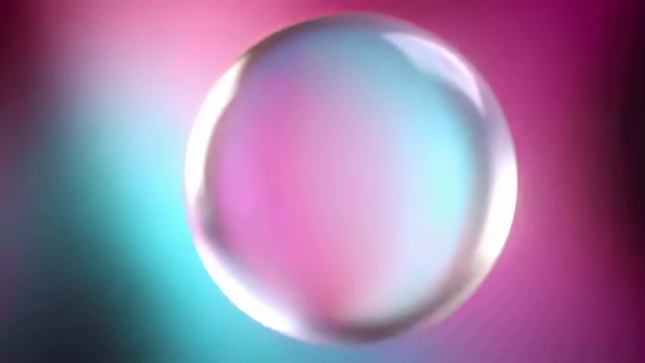 Shifting glossy bubble centering on gradient backdrop, shifting pink to cyan with frames advancing