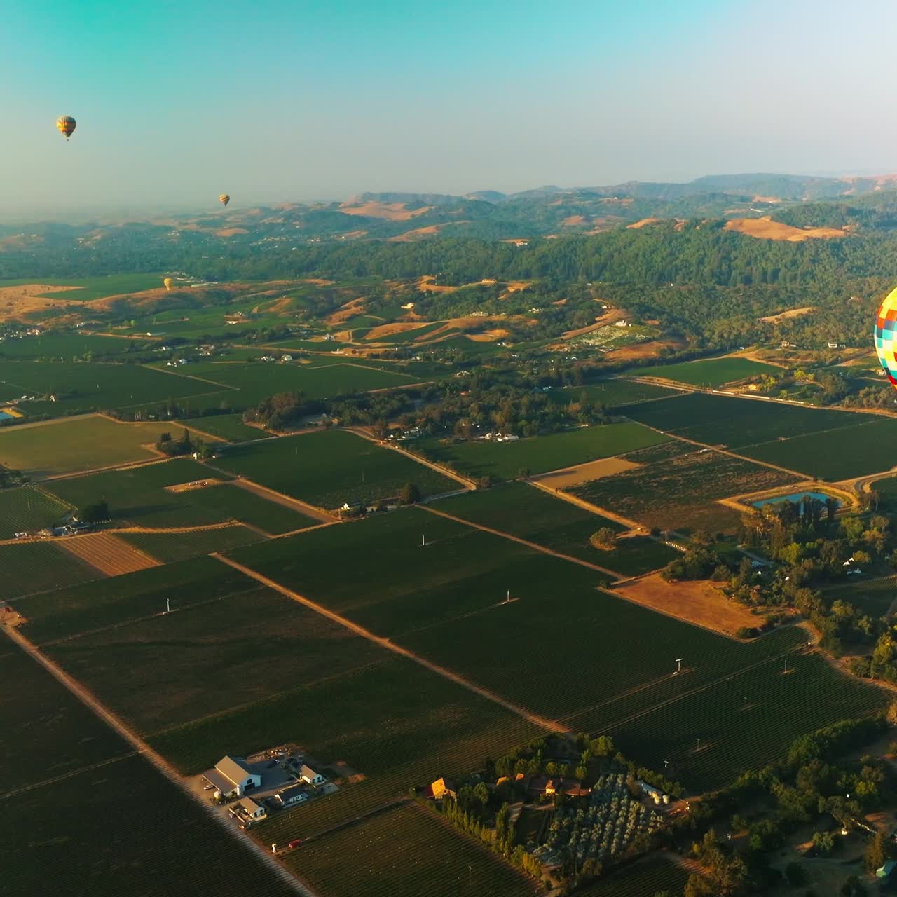 Bright hot air balloons soaring in the clear blue sky. Aerostats flying over the green valley of Napa, California, USA. Aerial view