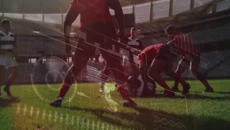 animación de procesamiento de datos y jugadores de rugby sobre el estadio deportivo
