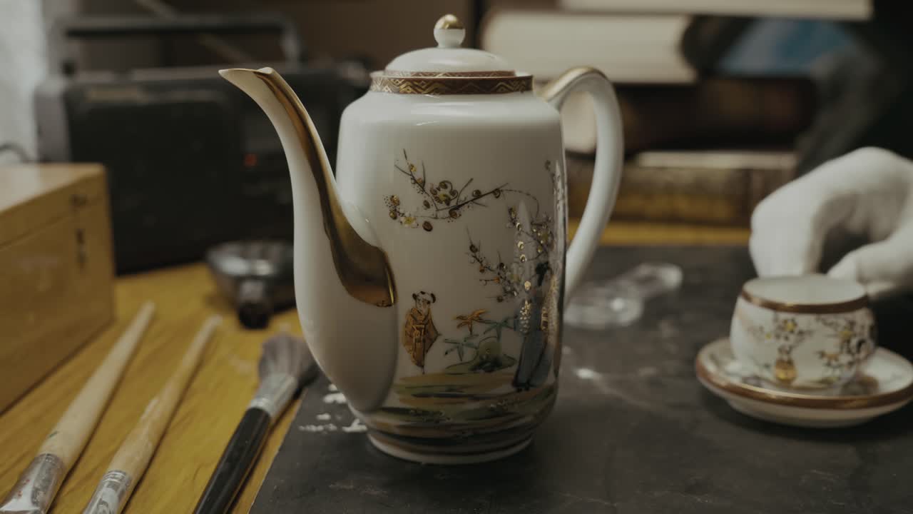 Antique expert inspects china porcelain tea-set with gloved hands