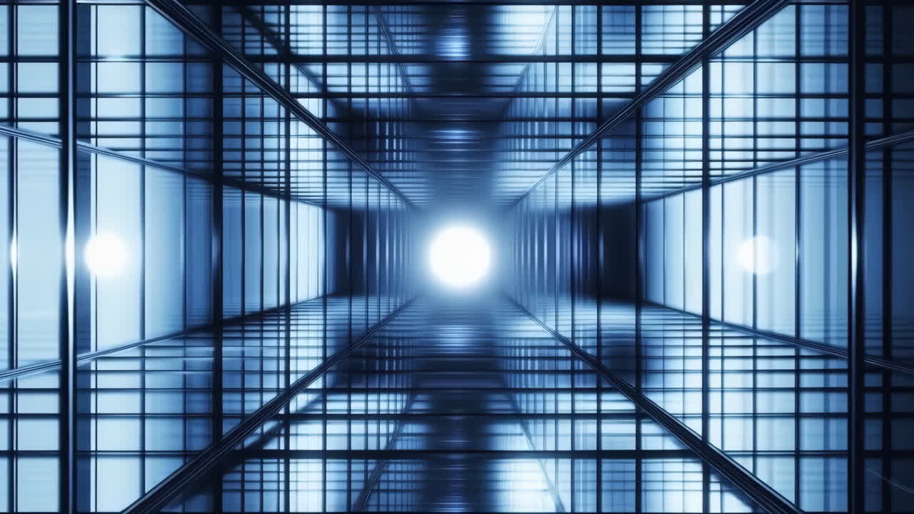 Futuristic Glass Corridor Glowing Vanishing Light Through Symmetrical Grid Of Glass And Steel, Reflective