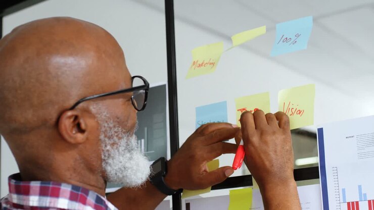 Senior male executive wring on sticky notes 4k