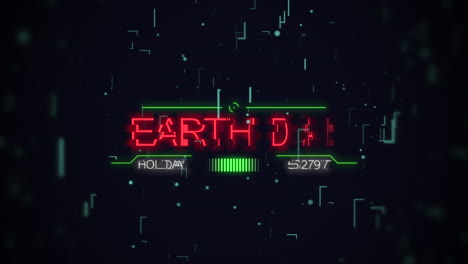 Animation-closeup-Earth-Day-text-on-neon-futuristic-screen-with-abstract-lines-and-neon-motherboard