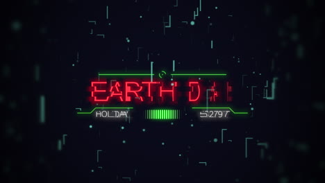 animation closeup earth day text on neon futuristic screen with abstract lines and neon motherboard