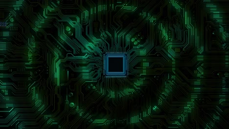 close-up of a glowing circuit board with a central processor