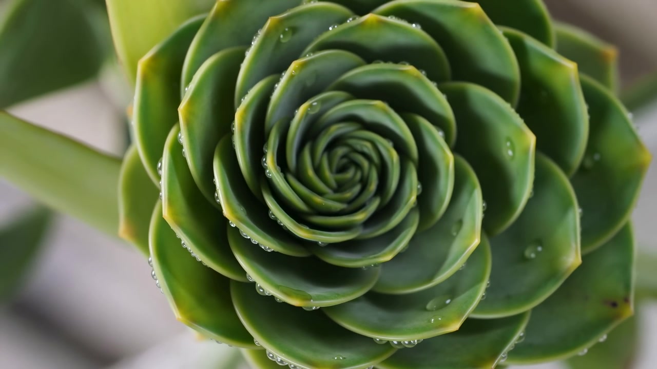 Primo piano di una rosetta di succulenta verde con foglie strettamente stratificate e minuscole goccioline, vista leggermente dall'alto su uno sfondo sfocato e morbido, che mostra una texture naturale fresca e calma e simmetria