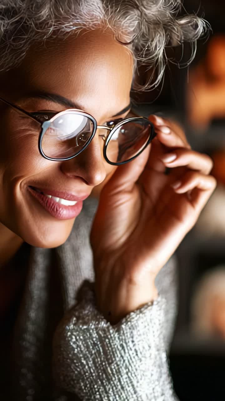 Donna sorridente con gli occhiali che mostra la sua sicurezza e gioia in un'atmosfera accogliente, mettendo in risalto il suo stile elegante e la sua personalità radiosa