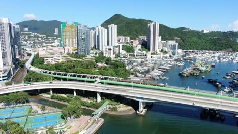 aberdeen harbour and skyline in southwest hong kong island on a beautiful day, aerial view