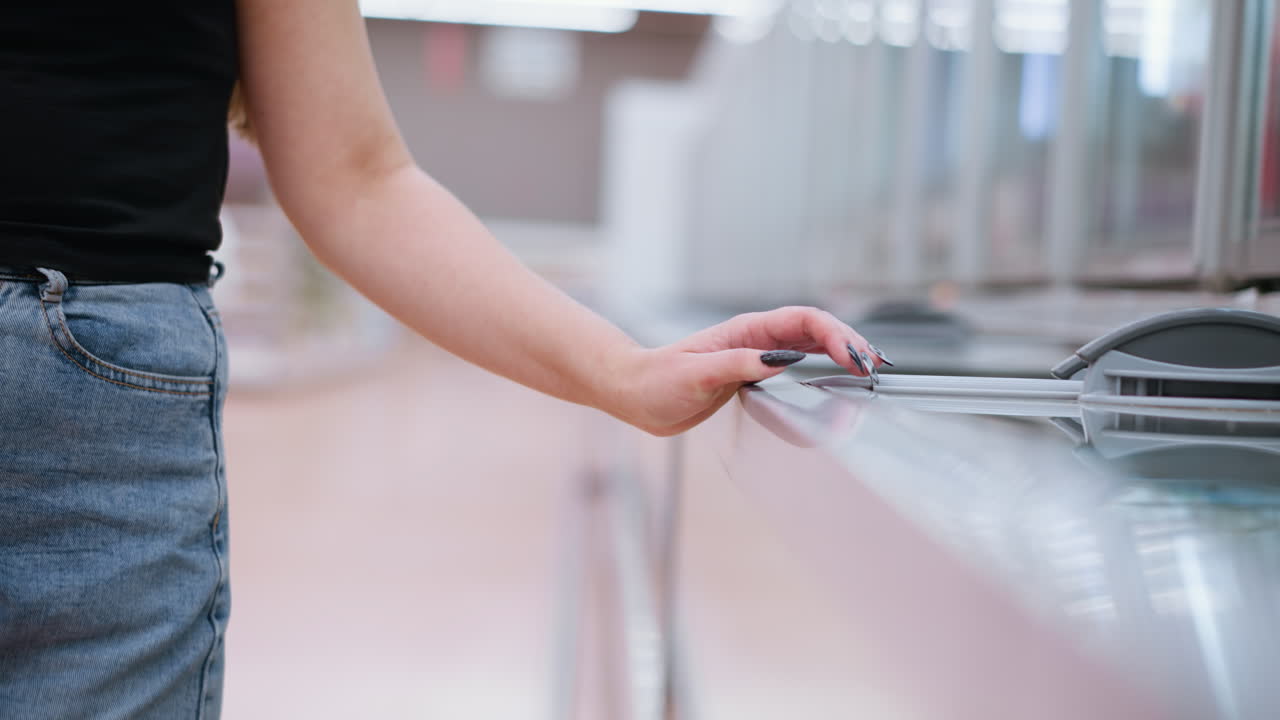 vista parcial de la mano de la mujer con uñas negras deslizándose sobre el refrigerador en el centro comercial, mostrando un diseño elegante y reflejando la pantalla con fondo borroso de los compradores en el centro económico