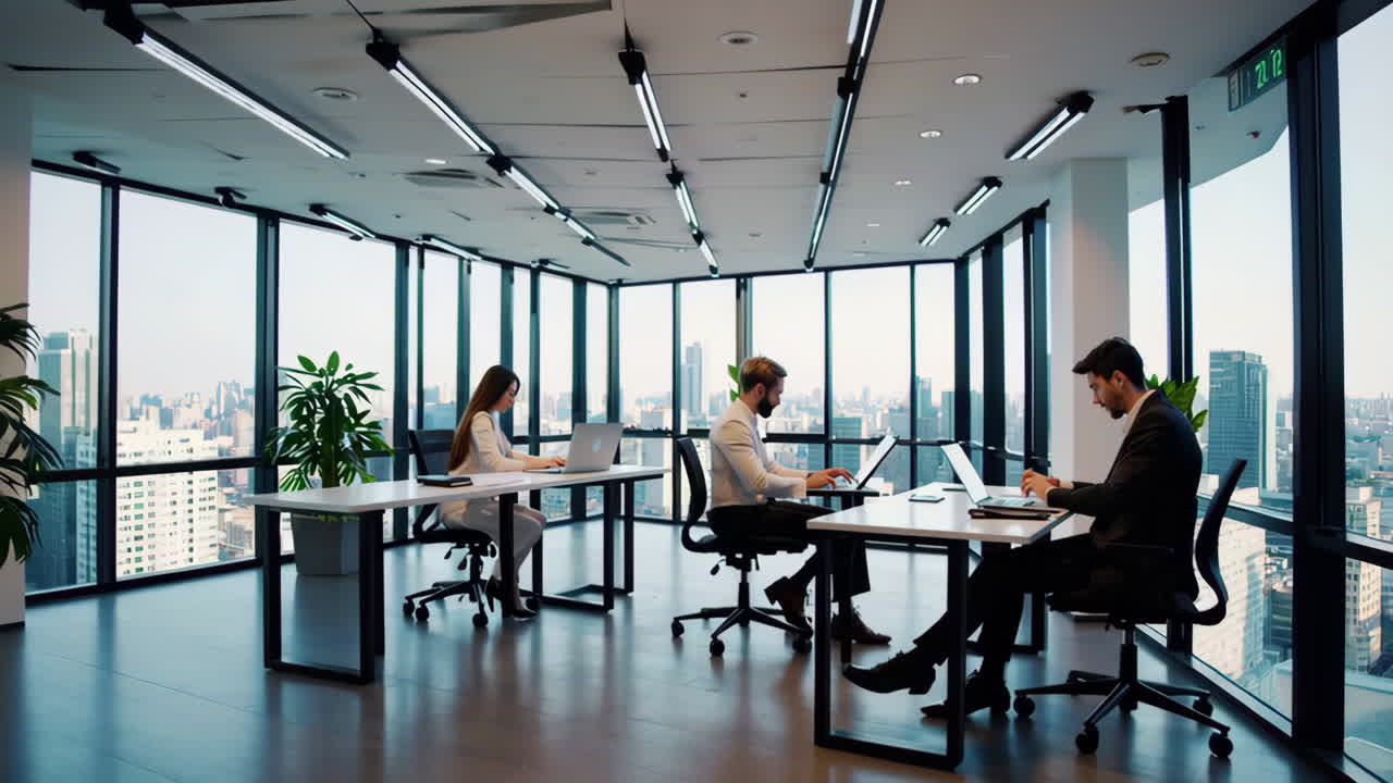 Professionals Working on Laptops in a Modern Office with City Views