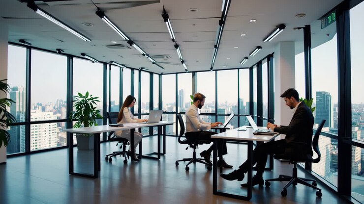 Professionals Working on Laptops in a Modern Office with City Views