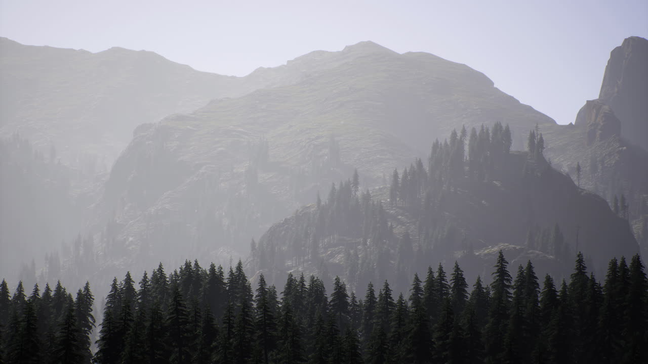 Misty mountain landscape viewed from a dense forest during early morning hours