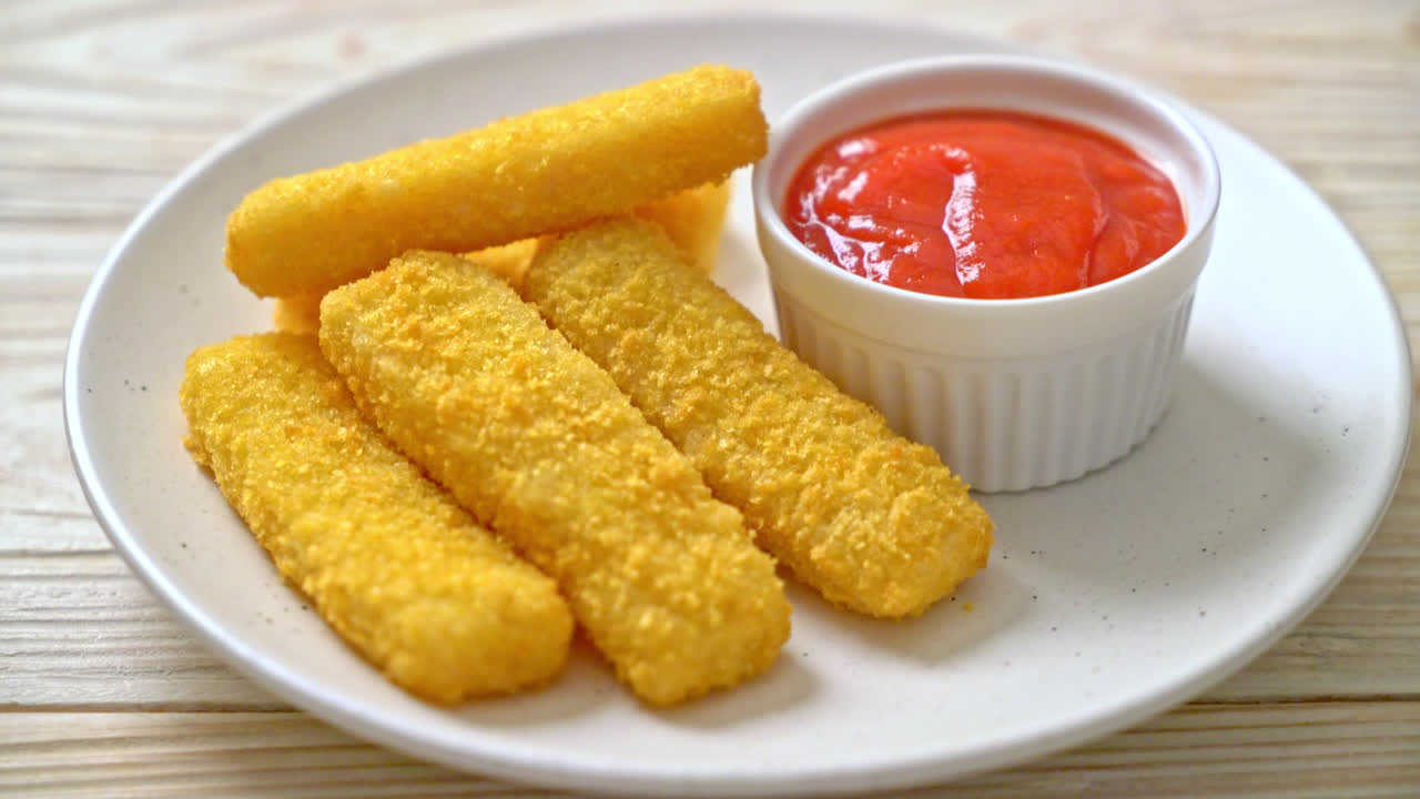palitos de pescado fritos crujientes con ketchup
