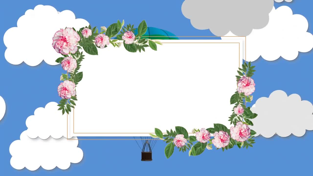꽃과 복사 공간을 가진 빈 카드의 애니메이션 풍선과 구름
