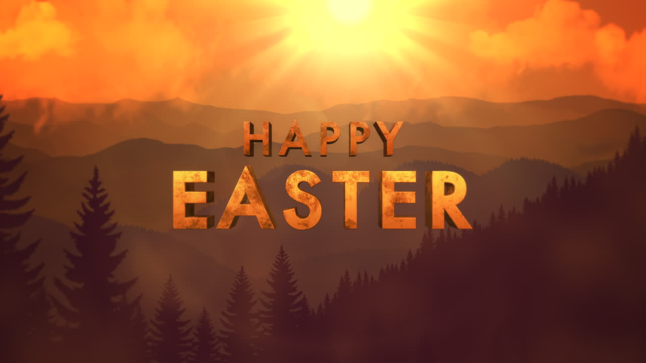 Happy Easter text on sunset landscape with sun and forest