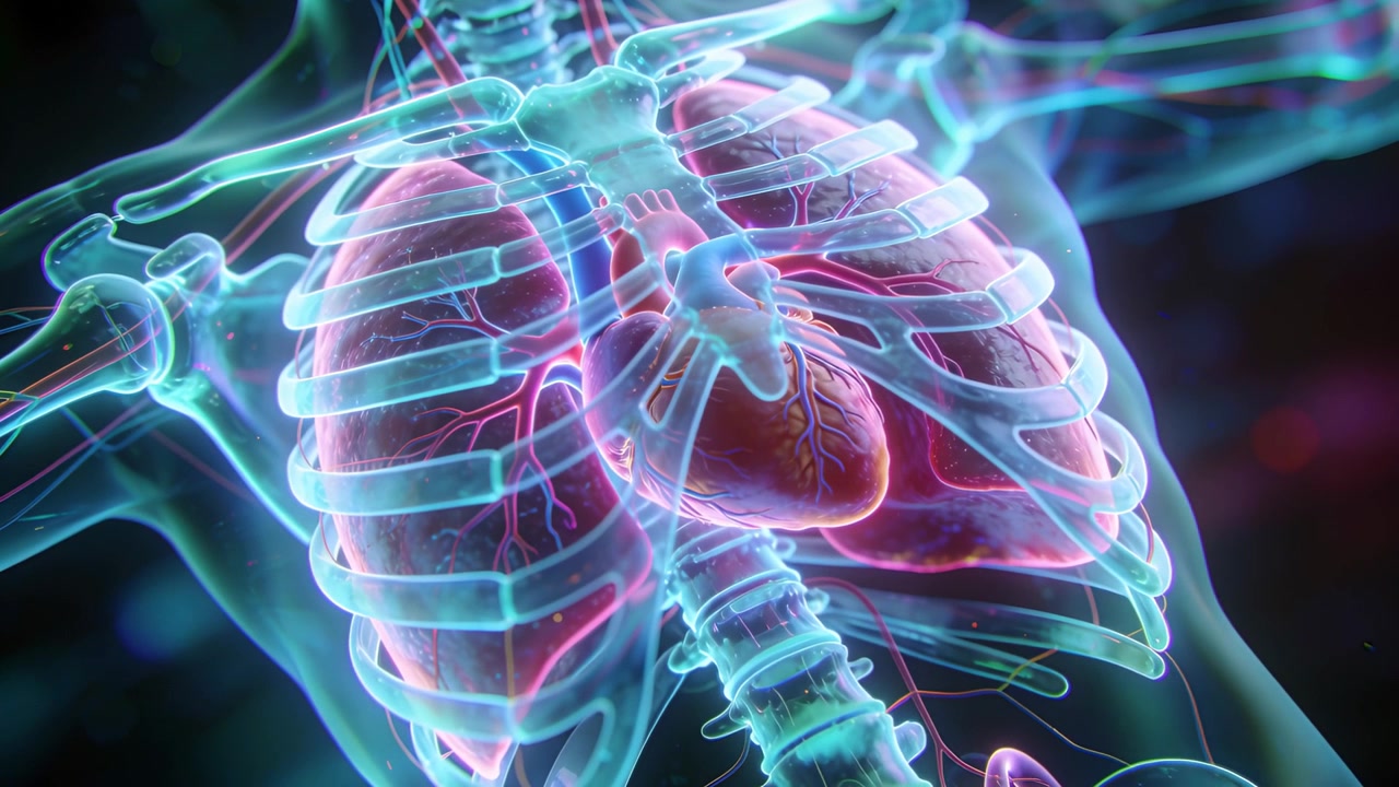 Visualizzazione di un torace 3D con cuore pulsante e polmoni in espansione, mentre la telecamera si avvicina in studio mostrando un bagliore vascolare.