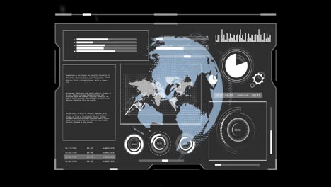 Animation-of-screen-with-data-processing-over-globe-on-black-background