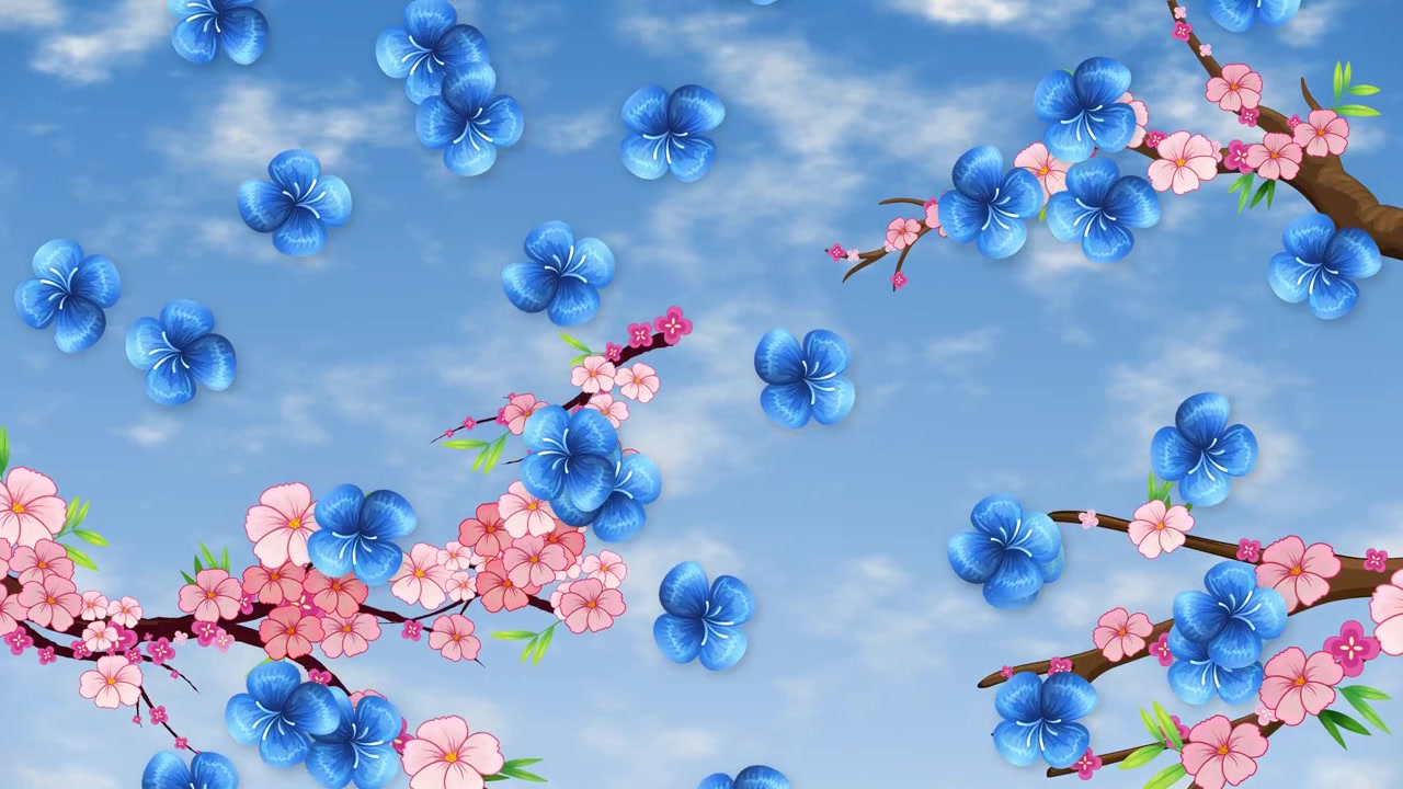 Digital animation of blooming branches with falling blue flower petals against a cloudy blue sky.