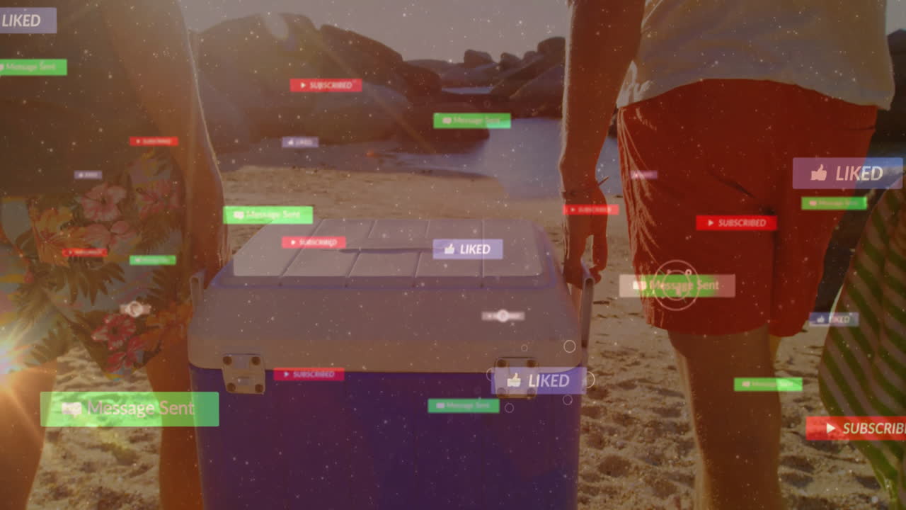 People carrying cooler on beach with social media notifications overlay animation
