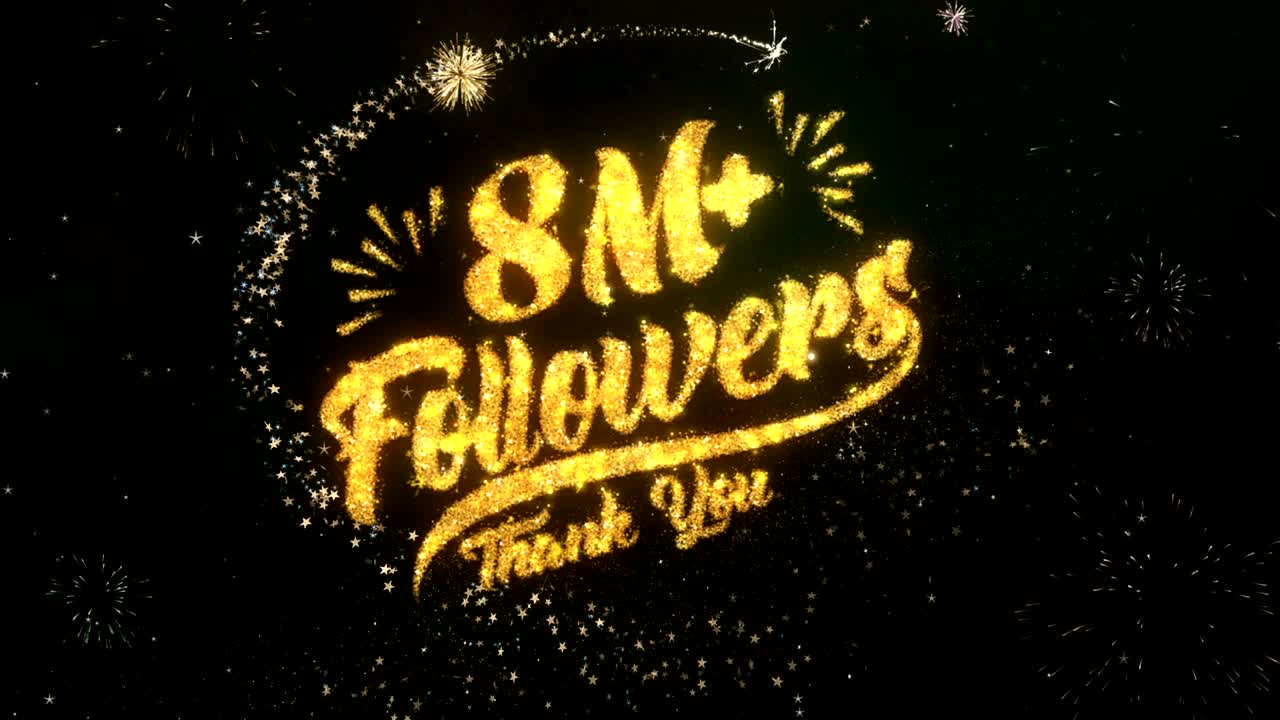 8m 추종자 인사 및 희망 카드는 반이는 입자 및 반이는 빛의 어두운 밤 하늘과 다채로운 불꽃놀이 4k 배경으로 만들어졌습니다.