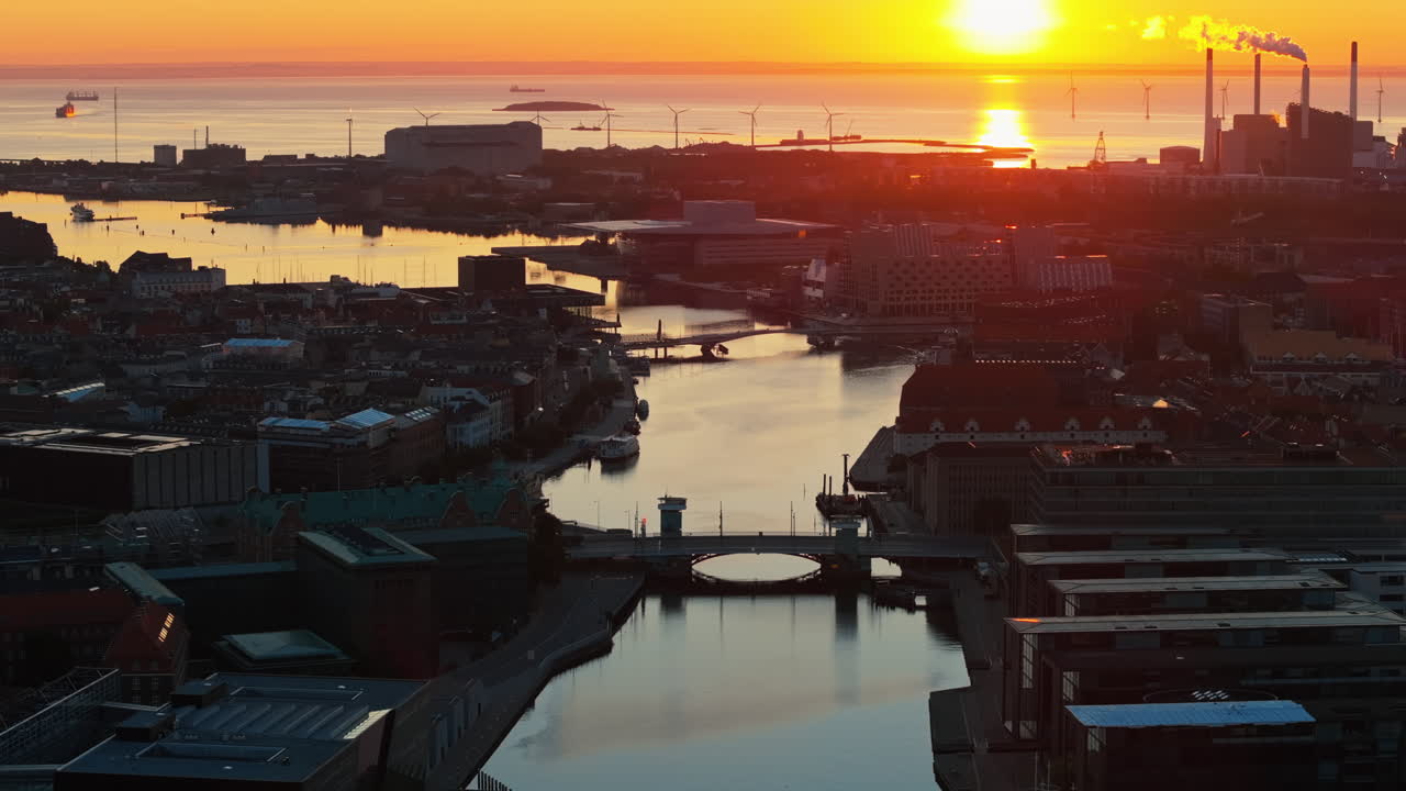 Aerial drone view of the city centre of Copenhagen harbour in Denmark at sunset