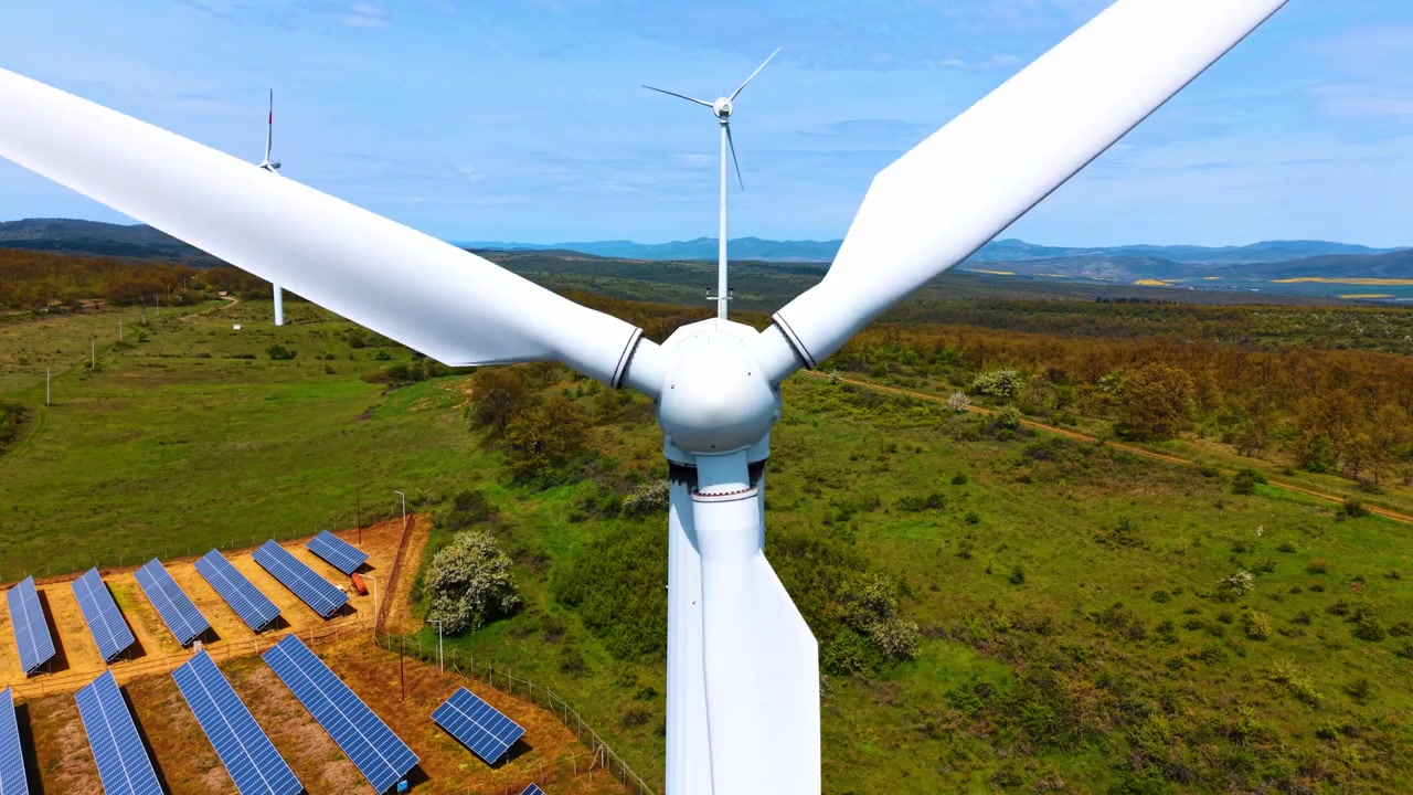 Vista aerea ravvicinata del rotore di una turbina eolica e di un campo di pannelli solari. La struttura bianca della turbina si erge sopra i collettori solari a terra e il paesaggio verde e ondulato