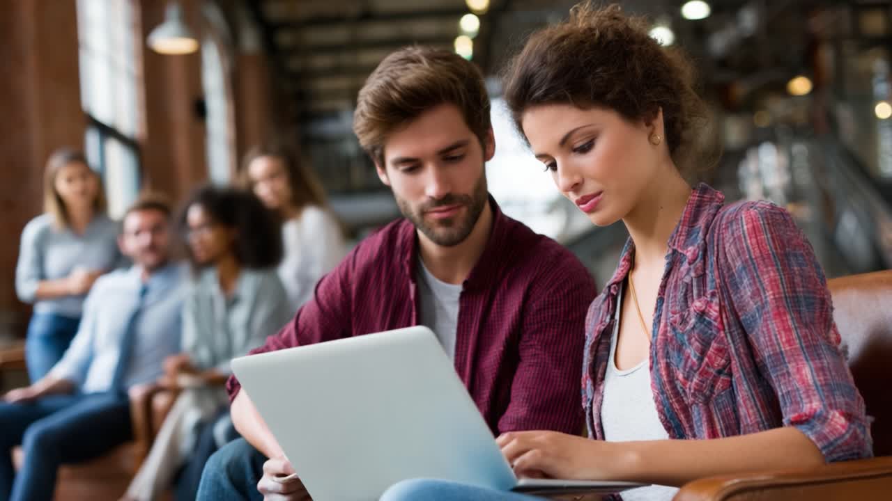Engaged Collaboration: A Young Couple Analyzing Data Together on a Laptop in a Stylish Co-working Space Filled with Friends and Creativity