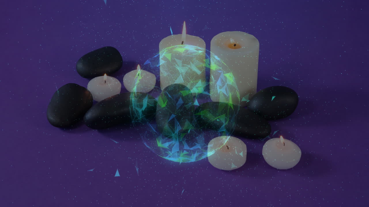 Black stones and candles hovering on purple cloth, showing glowing holographic sphere in 3D render