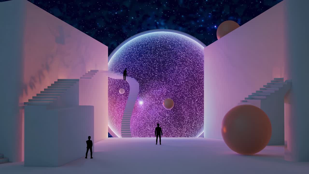 Luminous cosmic sphere dominating surreal landscape, scientists exploring mysterious starry environment with ascending geometric stairs, evoking otherworldly scientific dream sequence