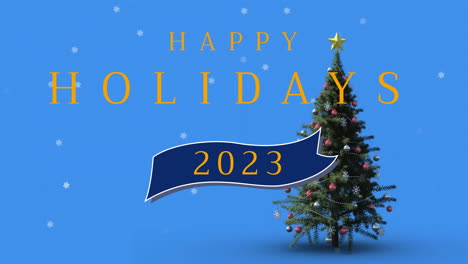 Animation-Des-Textes-„Frohe-Feiertage-2023“-Und-Des-Schnees,-Der-über-Den-Weihnachtsbaum-Auf-Blauem-Hintergrund-Fällt