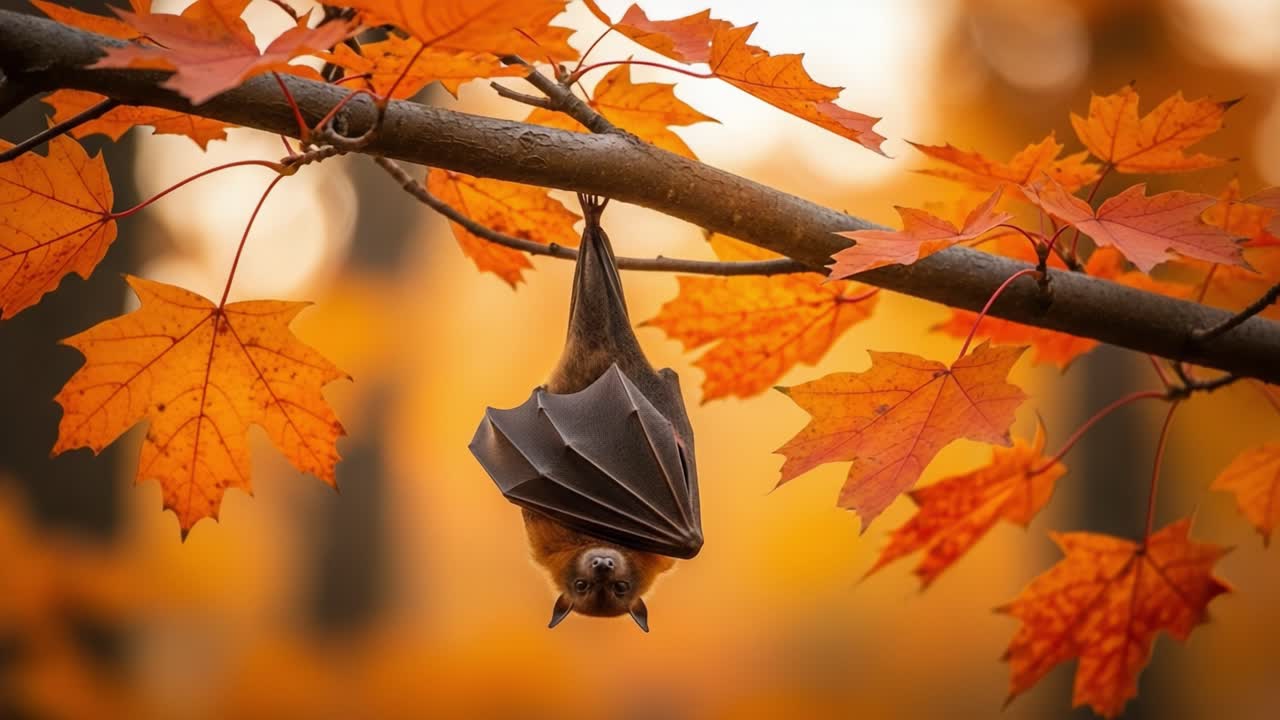 A Brown Bat Hanging Upside Down from a Branch Surrounded by Vibrant Autumn Leaves, Capturing the Essence of Nature's Transition to Fall in a Serene, Colorful Scene