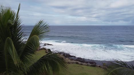 Fly-through-palm-trees-ocean-view-with-crashing-waves-in-Philippines