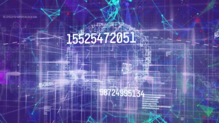 Animation of numbers and brain over diverse shapes on violet background