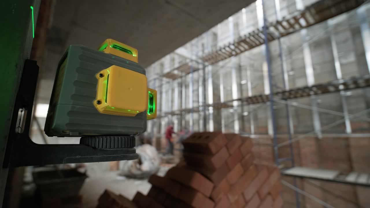 Il costruttore misura le linee di riferimento usando una livella laser verde.