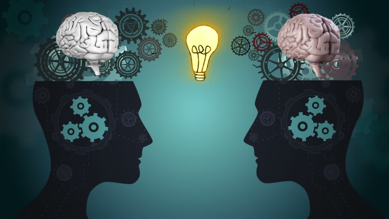 Animation of brains rotating over human head models, cogs and bulb on green background