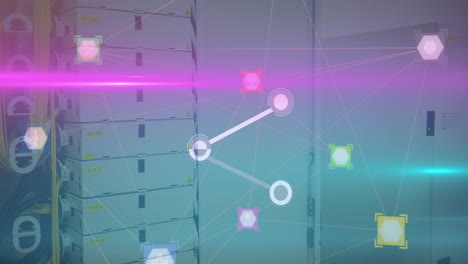animation of network of digital icons over pink and blue light trails against computer server room
