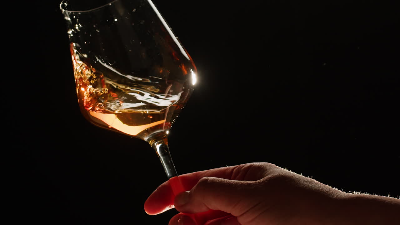 Rose Orange or white wine bottle and glass against a sunset in a peaceful vineyard, pouring of ecological natural wine. Cheers, hands with wine glasses, drinking alcohol.