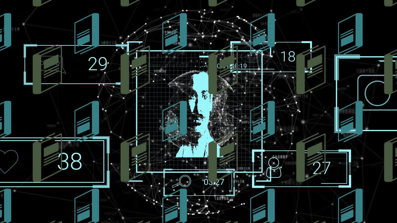 점점 더 많은 수의 아이콘의 애니메이션과 전 세계 다양한 사람들의 초상화와 함께 데이터 처리