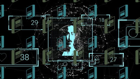 Animation of icons with growing numbers and data processing with diverse people portraits over globe