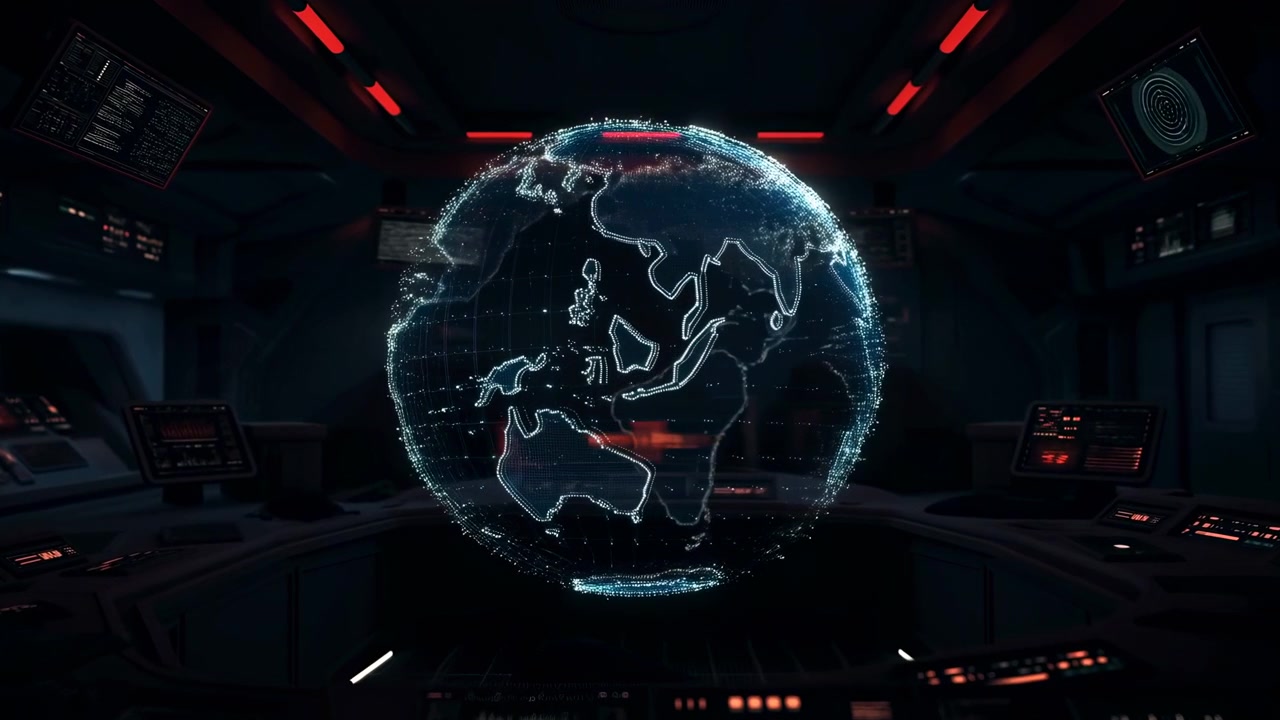A luminous holographic globe floats in a dark high-tech control room, surrounded by glowing interface panels, red accent lights, and world map details in the