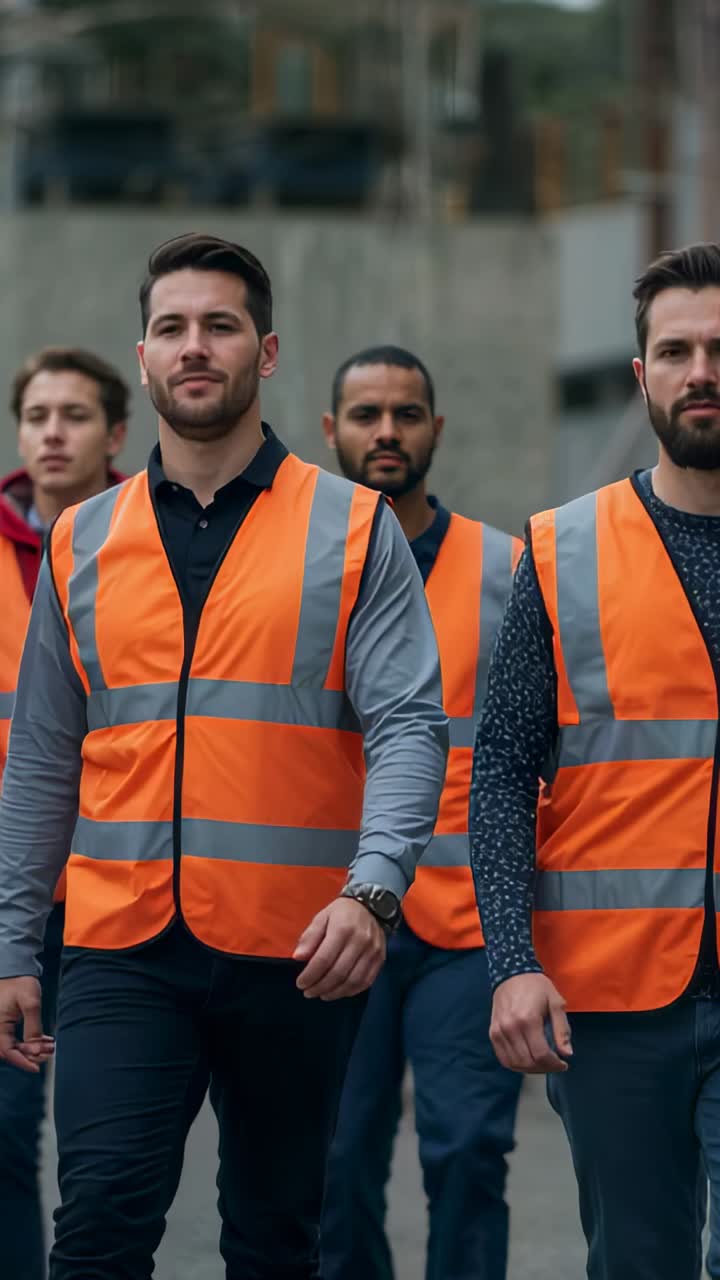 Vertical video: Clip starting, walking man and crew heading to camera at work site, in orange vests