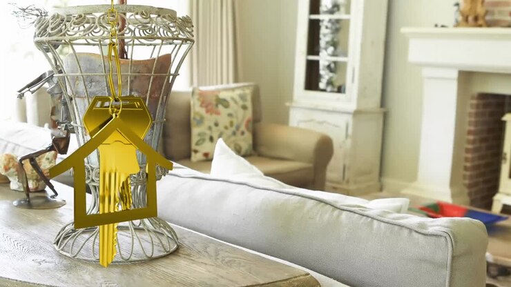 Animation of dangling house key and key fob over living room interiors