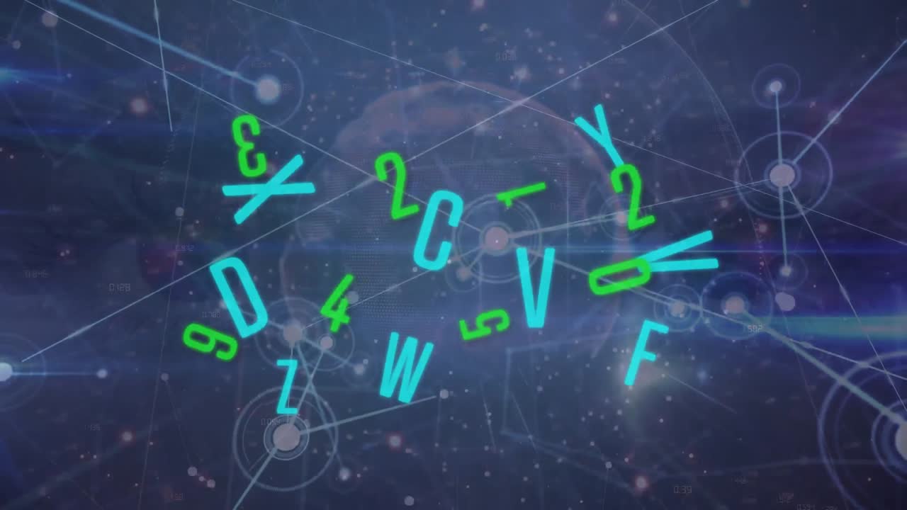 Animation of data processing over globe and letters