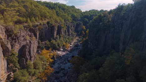 vista aérea de un cañón con un río y un bosque exuberante